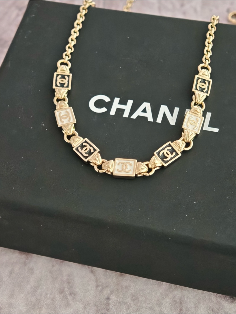 CHANEL Gold and Black Enamel Logo Link Necklace